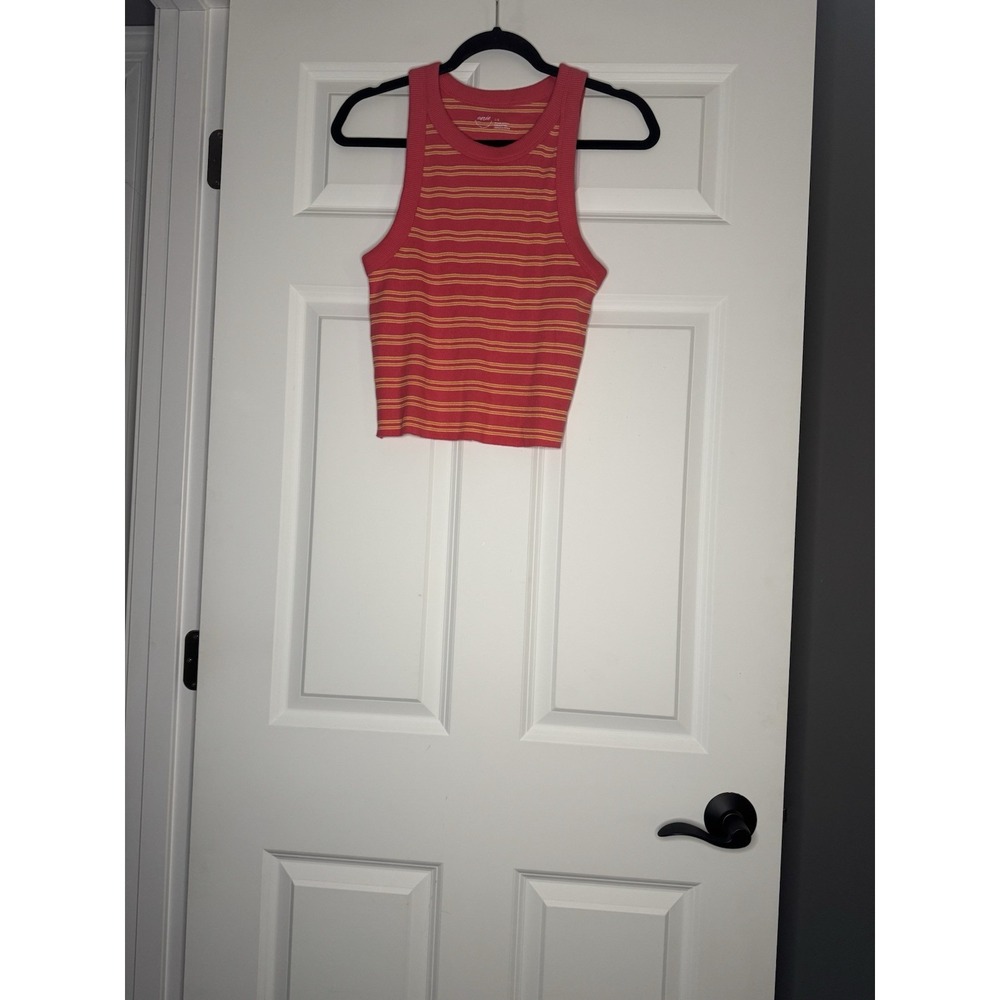 Aerie Ribbed Striped Muscle Tank Top Large Coral White Orange